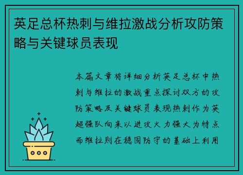 英足总杯热刺与维拉激战分析攻防策略与关键球员表现